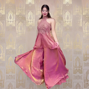 Pink Shimmer Woven Satin Silk Salwar Kameez Set Halter Neck Peplum Quick Dry <b>Bollywood</b> Women <b>Outfit</b> Wedding Party - Product Image 1