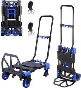 2-1 330LBS Folding Hand Truck <strong>Dolly</strong> Retractable Handle &amp; 4 Rubber <strong>Wheels</strong> Hand Cart Foldable for Travel/Luggage/Office/Moving - Product Image 1