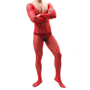 Men's Red <b>Fishnet</b> Bodysuit Long Sleeve See Through Stage Dance Wear Spandex Polyester Full <b>Body</b> Stockings - Product Image 5