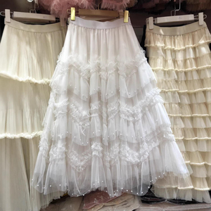 Classic and versatile high waist slimming light luxury beaded multi-layer <b>mesh</b> fairy cake <b>skirt</b> mid length <b>skirt</b> - Product Image 1