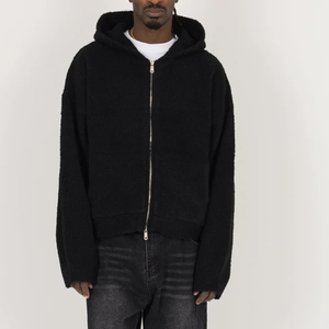 Wholesale High Quality Soft Boucle Texture Zip Up Hooded Knit Sweater Streetwear Relaxed Casual Street Fit Hood <b>Cardigan</b> - Product Image 1