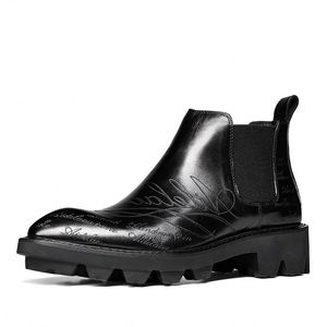 Nouvelles bottes Chelsea rétro pour hommes en cuir véritable à bout pointu, avec semelle épaisse, hauteur rehaussée, fermeture à enfiler et design respirant - Product Image 2