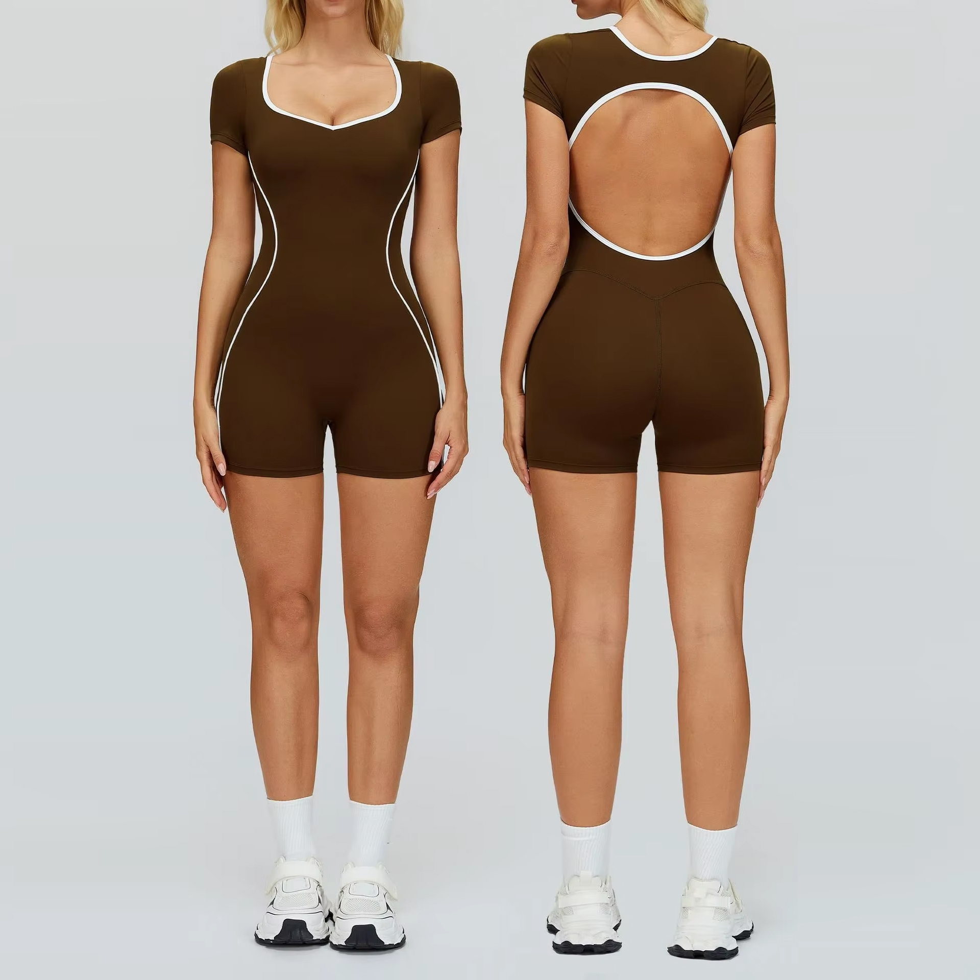 TongJoes Yoga Jumpsuit Bodysuit V-neck Spaghetti Strap Hollow Back Tight-Fitting Seamless Viscose/Polyester Full-Length Sports