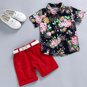 Hot Style Kids outfit camicia estiva a maniche corte + pantaloncini 2 pezzi 100% cotone fiori stampa Casual <span class=keywords><strong>Boy</strong></span> Clothing Set - Product Image 5