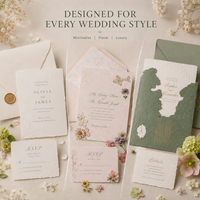 Ensemble d'invitations de mariage de luxe personnalisées, gaufrées, avec motif paysager végétal vintage, noms en feuille d'or et carte de réponse assortie