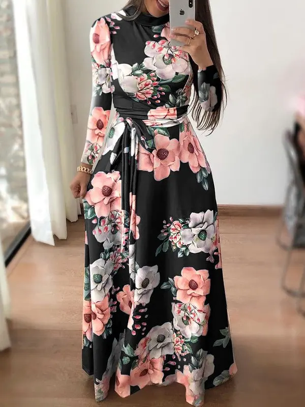 New Arrival Summer High Quality Stand Neck Floral Printed Woman Casual maxi Dress