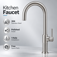 Robinet de cuisine moderne en acier inoxydable brossé, mitigeur monocommande monotrou à poser, eau chaude et froide