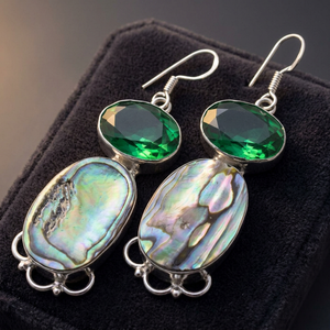 Bohemian Drop Earrings With Emerald Cut Green Stone And <b>Abalone</b> <b>Shell</b> In Silver Plated Setting For Women Party Jewelry - Product Image 2