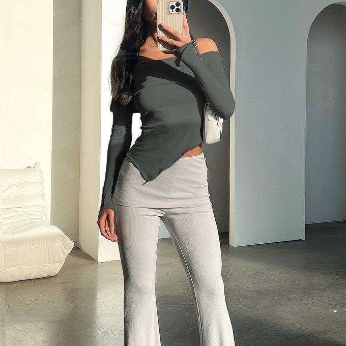 2024 Women's Autumn Pullover Solid Shirt Elegant Off-shoulder Long