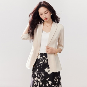 Women's Blazer Apricot Solid Color Three Quarter Sleeve Slim Fit Spring Summer 2026 Pocket Design Versatile Suit Jacket - Product Image 3