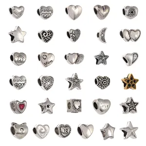 Antique silver large hole beads mixed zinc alloy star heart shaped beads charms for jewelry diy