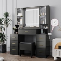 Ventes Flash Usine Meubles Coiffeuses Modernes en Bois Noir avec Grand Miroir Éclairé, 7 Tiroirs, Multiprise et Éclairage Réglable
