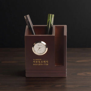 Solid Wood <b>Pen</b> Holder With Clock Square Desktop Office Stationery Storage <b>Box</b> Uv Printing Personal Gift For Colleagues - Product Image 1