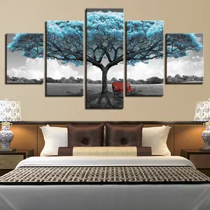 Lukisan Pohon Biru Alami Dekorasi Modern Multi-Panel Pada Gambar Cetak Seni Dinding Pemandangan Kanvas