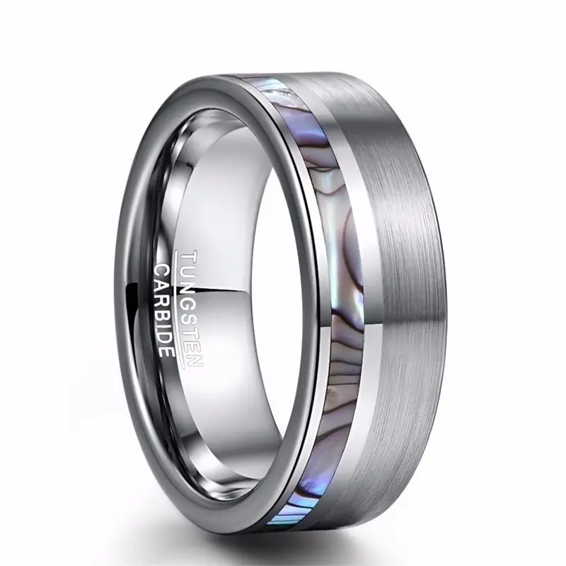 Luxury High Polish Classic Simple Wedding Band Abalone Shell Silver Tungsten Carbide Ring for Men