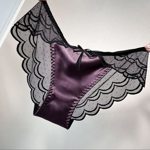 Sang Trọng Màu Tím Satin Ren Của Phụ Nữ Hàng Ngày Quần Lót Thấp Tăng Mỏng Nơ-Tie Sóng Lưới Tam Giác Rắn Dệt Kim Chống Vi Khuẩn Sexy - Product Image 3