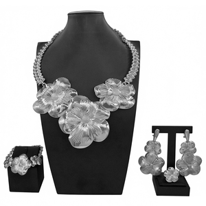 Silver-Tone Textured Flower Jewelry <strong>Chunky</strong> Chain Necklace Bracelet Earrings Ring Statement Jewelry for African Fashion &amp; Events - Product Image 3