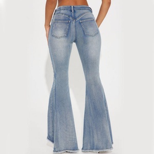 Jean en denim pour femme, coupe skinny, taille haute, évasé, délavé à l'acide, avec fente et cordon de serrage, en coton, sexy, haute qualité, prix bas, promotion - Product Image 4