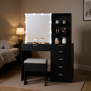Juego de tocador de maquillaje FCH con espejo iluminado, 6 cajones, 2 estantes, tocador moderno negro para dormitorio - Product Image 2