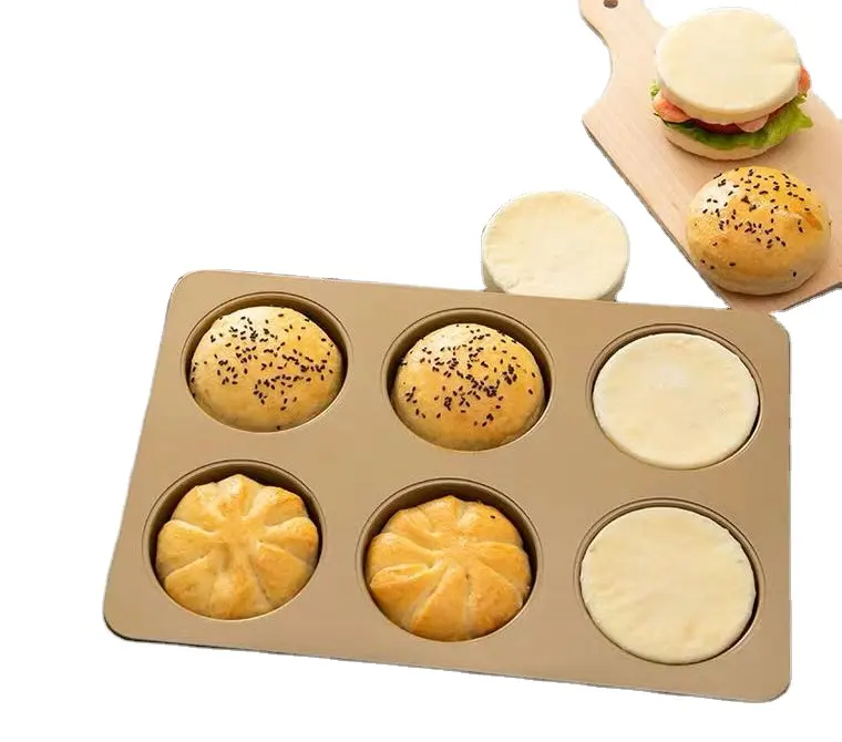 ノンスティック炭素鋼マフィンカップケーキパン6-オーブンベーキング用キャビティブラウニーゴールドパン