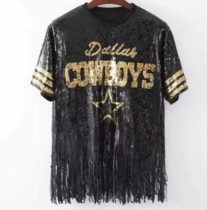 Women's New Round Neck Short-sleeved Sequin Sexy Black and Gold Game Day Sequin Jersey T-shirt Jumper <strong>Top</strong> with Tassel Dress - Product Image 4
