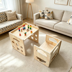 Ensemble de table et chaise Montessori pour enfants, table d'apprentissage sensorielle avec tableau noir, table et chaise en bois pour la diversification alimentaire - Product Image 1