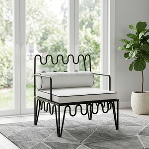 <span class=keywords><strong>Fauteuil</strong></span> d'appoint noir en fer forgé ondulé avec coussin de siège cylindrique à bordure côtelée, design industriel antique pour la maison, le bureau ou le salon - Product Image 1