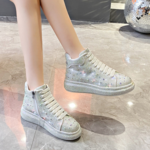 Customized Wholesale Fashion High <b>Top</b> <b>Rhinestone</b> Sports Shoes Breathable Thick Soled Women's Shoes - Product Image 3