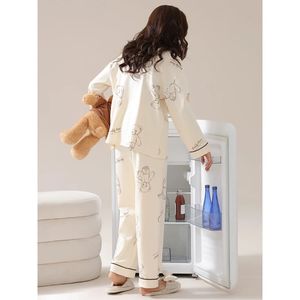 Set piyama motif bunga kustom Premium untuk wanita, setelan piyama motif bunga elastis elegan pinggang rajut untuk musim dingin musim gugur musim semi - Product Image 4