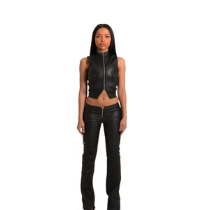 Completo KY da <span class=keywords><strong>Donna</strong></span> in <span class=keywords><strong>Pelle</strong></span> Due Pezzi con Top Smanicato con Zip Frontale e Pantaloni Aderenti per Serate o Club - Product Image 1