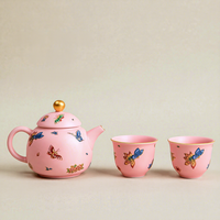 Service à thé en porcelaine rose Pine Pavilion avec motif papillon et fleur, une théière, deux tasses, style classique de luxe, vaisselle durable pour la maison