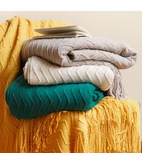蓝色柔软针织毯秋冬扔毯和枕套沙发毯家居装饰