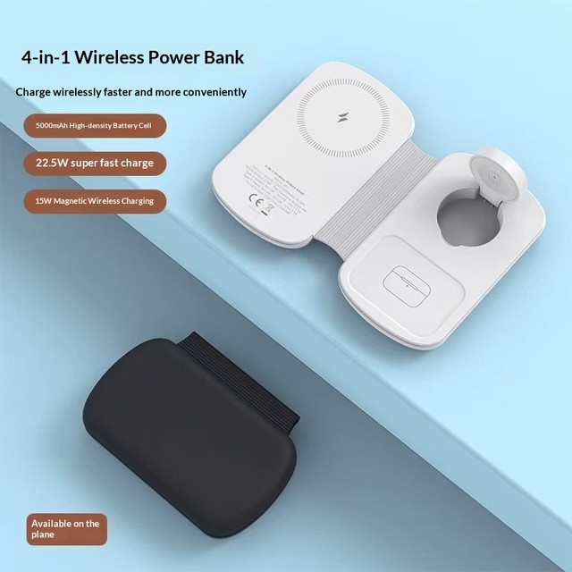 Good Quality 4-in-1 Folding Wireless Charger for Mobile Phone Headphones with Fast & Magnetic Charging 5000mAh Power Bank