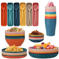 Services de table écologiques en paille de blé avec logo personnalisé, couverts, assiettes, tasses et bols pour 6 personnes