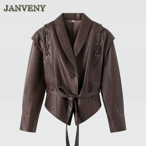 JANVENY 2024 Giacche in Ecopelle con Colletto per <span class=keywords><strong>Donna</strong></span>, Stile Vintage con Lacci, Maniche Lunghe, <span class=keywords><strong>Blazer</strong></span> Corto in <span class=keywords><strong>Pelle</strong></span> PU - Product Image 6