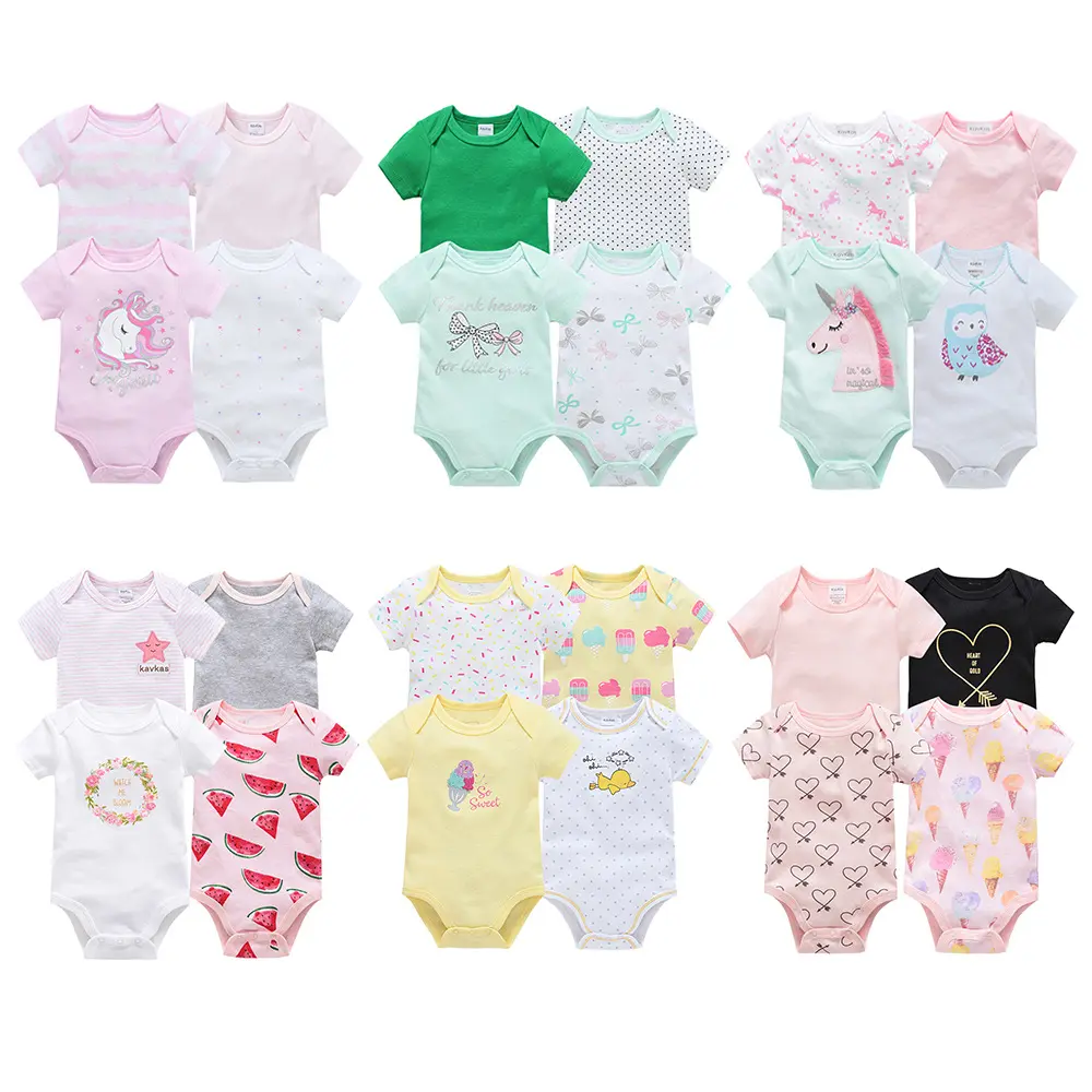 Summer Newborn Short Sleeved Jumpsuits Boys Girls Unisex Cartoon Print Three Piece Triangle Clothes Baby Rompers