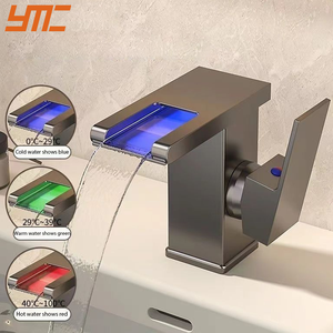 Grifo de Lavabo Monomando de Acero Inoxidable Negro con <span class=keywords><strong>Cascada</strong></span>, Cerámico, Moderno, con Control de Temperatura de <span class=keywords><strong>Agua</strong></span> Fría/Caliente y Luz LED para Baño - Product Image 3