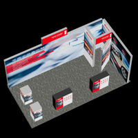 Stand d'exposition professionnel personnalisé avec éclairage LED, mur arrière étendu avec enseigne supérieure et présentoir multi-niveaux pour produits
