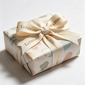 Elegant Neutral Series Gold Logo Print Polyester Grosgrain <b>Ribbon</b> Bulk Rolls For Luxury Present Box Floral Arrangement - Product Image 6