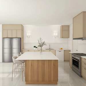 Armoires de cuisine en bois beige élégantes et modernes, îlot avec plan de travail en marbre, porte en contreplaqué de qualité américaine - Product Image 2