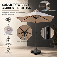 Parasol de terrasse rond 2,3 m à 6 baleines en acier avec éclairage LED solaire, tissu teint en fil de 200 g et manivelle de type F
