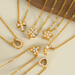 Collier pendentif en acier inoxydable avec incrustation de perles, forme croix, étoile, cœur, pour bijoux de mode de fête - Product Image 1