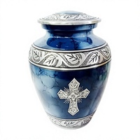 Urne funéraire pour adulte Blue Fire, taille moyenne, avec gravure de motif floral turquoise, design courbé et croix, urne commémorative Ashe, fournitures funéraires