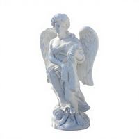 Statue d'ange grandeur nature sculptée à la main en marbre blanc, tenant un panier tressé, sculpture d'ange ailé en pierre naturelle pour manoir