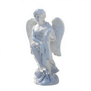 Statue d'ange grandeur nature sculptée à la main en marbre <span class=keywords><strong>blanc</strong></span>, tenant un panier tressé, sculpture d'ange ailé en pierre naturelle pour manoir - Product Image 6