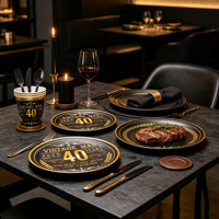 Vaisselle de fête pour le 40e anniversaire, toute neuve, décoration de fête noire et dorée, assiettes en papier jetables, gobelets, serviettes en papier