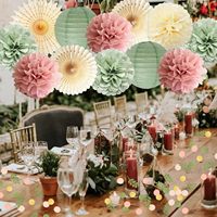 Décorations de fête écologiques de luxe rose poudré et vert sauge, pompons en papier, lanternes en papier, points décoratifs pour anniversaire, mariage, baby shower