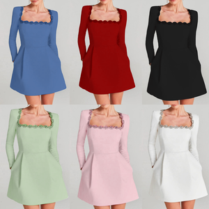 Robes de soirée élégantes de haute qualité, style vintage, coupe trapèze, col carré, ornées de pierres précieuses, motif floral, manches longues, luxe, diamants - Product Image 3