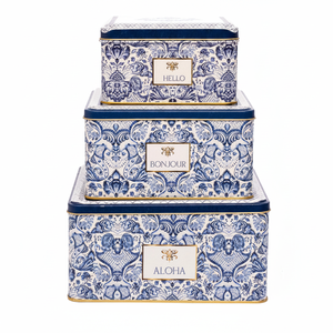 Kontensan Square Metal <b>Storage</b> <b>Box</b> Set 235x235x110mm (Set 3) Azulejo-Inspired <b>Blue</b> & White Decorative Pattern - Product Image 2