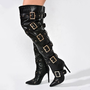 Belt Buckles Women Knee High <b>Boots</b> Metal Slim Heeled Denim Long Booties Sexy Punk Apricot Stiletto Dress Shoes - Product Image 5